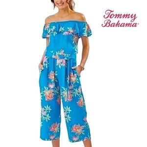 Tommy Bahama Cropped Romper Jumpsuit Sun Lilies Floral Azure Blue Ruffles M-L